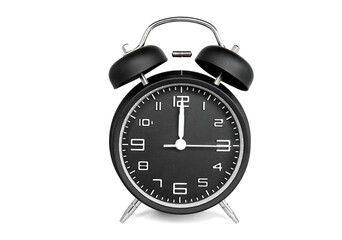 The black alarm clock is set to12 a.m. isolated on a white background
