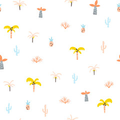 Tropical seamless minimalistic pattern with different plants. Cute cartoon characters on a white background. Hand-drawn illustrations in Scandinavian style. Ideal for baby test, clothing, wallpaper.