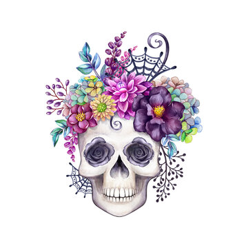 Human skull embellished with flowers. Festive watercolor illustration of halloween mask. Day of the dead clip art isolated on white background