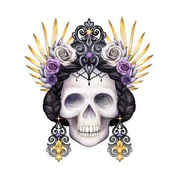 Human skull with floral crown and earrings. Magical watercolor illustration of gothic queen. Dead diva Halloween mask. Day of the dead. Esoteric clip art isolated on white background