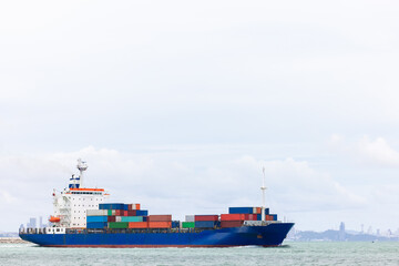 Container ship transporting cargo logistic to import export goods internationally around the world, including Asia Pacific and Europe, business and industry service of goods logistic transportation