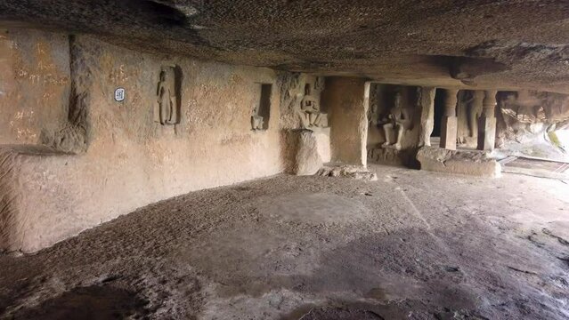 Interior Of A Pandavleni Cave At The Outskirts Of Nashik City In India. drone shot
