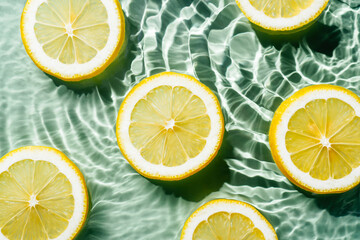 Transparent fresh exhilarant wave water with flecks background, lemon citrus slices. Summer...