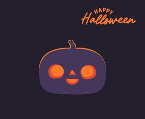 Halloween pumpkin illustration. Funny Jack O Lantern glowing from inside. Flat design on dark background.