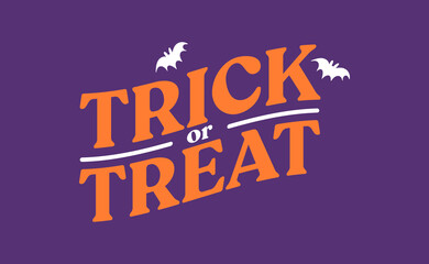 Trick or Treat lettering design with flying bats. Halloween card or banner spooky design.