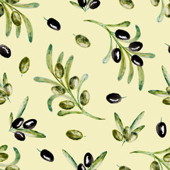 Watercolor seamless pattern with black and green olive branches. Vegetable pattern. Green leaves on beige background