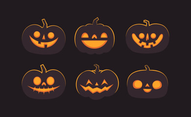 Set of carved halloween pumpkins. Jack o Lantern glowing inside with smile for your design for the holiday. Cute and fun vector illustration.