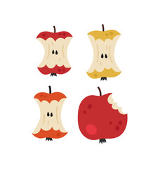 Set of apple cores and bitten apple. Ecological recycling, responsible consumption. Organic waste for domestic composting.