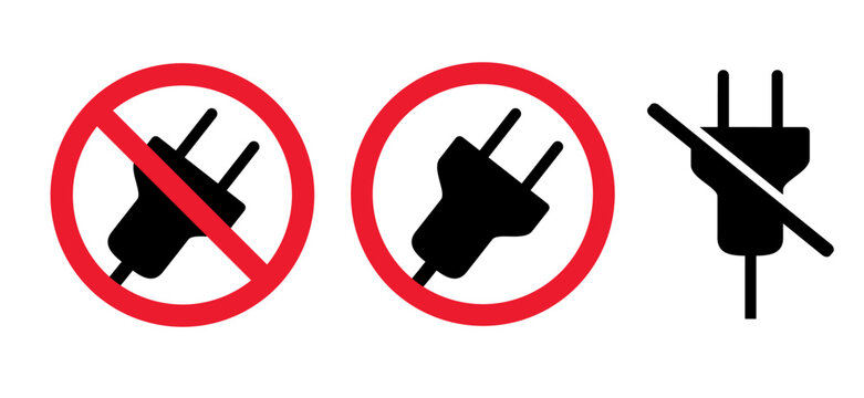 No plug & play symbol. Prohibited warning sign. Cartoon stop no electric plug, voltage. socket, electricity. Power plugs and cable signs. Socket plug adapter. Wire, cable of energy icon. 