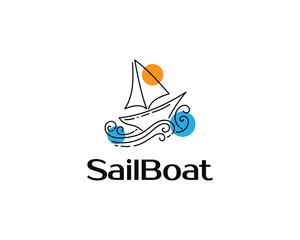 Fototapeta premium Simple and Minimalist Sailboat Logo Design with Moon and Stars. Sailing Boat Logo Illustration with Line Style