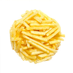Salted potato sticks, snack circle from above, isolated on white background. Also called shoestring potatoes, a popular snack and variant of crispy potato chips. Very thin versions of French fries.