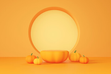 3D rendering cut pumpkin product display stand on orange background. Autumn or Halloween theme.