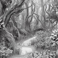 tree in the forest black and white illustration