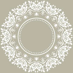 Oriental vector ornament with arabesques and floral elements. Traditional classic round beige and white ornament. Vintage pattern with arabesques