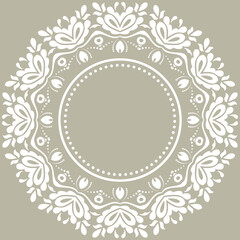 Oriental vector ornament with arabesques and floral elements. Traditional classic round beige and white ornament. Vintage pattern with arabesques