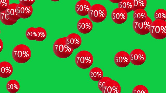 3d sale balls with sale number percentage, red discount balls falling,green screen background, black friday and mega sale 4k animation loop