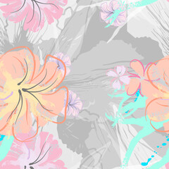 Pink Flowers Blooming Pattern. Pastel Watercolor.