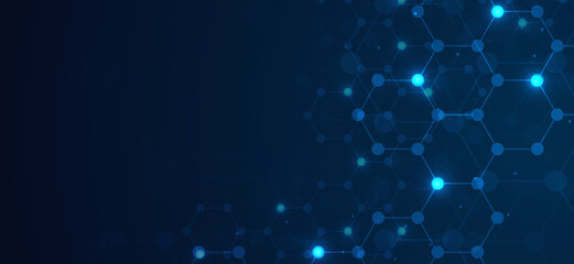 Hexagons pattern blue background. Genetic research, molecular structure. Chemical engineering. Concept of innovation technology. Used for design healthcare, science and medicine background