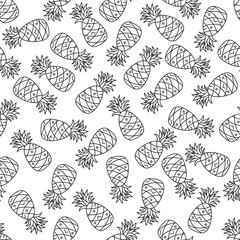 Seamless repeat pattern with black and white outline pineapples in doodle style. Vector flat illustration