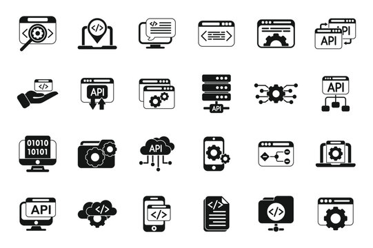 API icons set simple vector. Code develop. Computer software