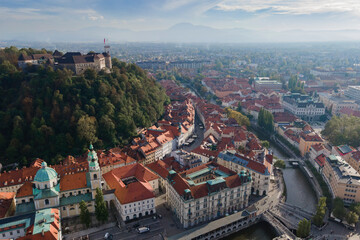 Naklejka na ściany i meble Aerial view of Ljubljana, capital of Slovenia from drone