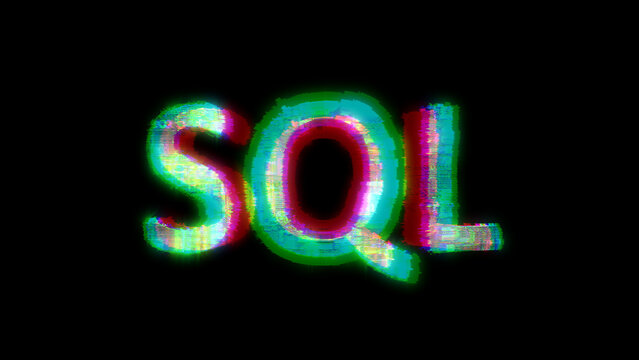 cybernetical text SQL with massive chromatic aberrations distortion, isolated - object 3D rendering