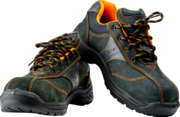 Pair of black safety leather shoes isolated on transparent background. Work shoes for men in factory or industry to protect foot from accident. Safety footwear. Oil and acid resistant shoes.