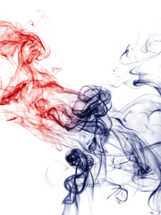 Red and blue smoke on white.