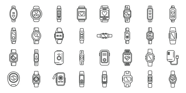 Wearable tracker icons set outline vector. Fitness bracelet. Wristband digital