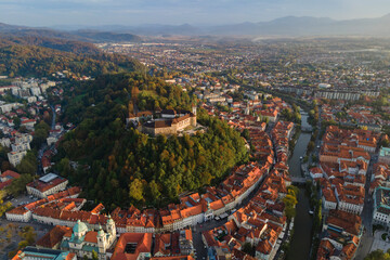 Aerial view of Ljubljana, capital of Slovenia from drone