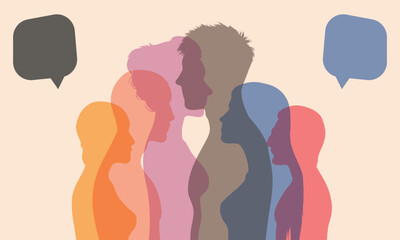 People talking in a crowd. Social networking communication. Communication between people. Multicoloured profile vector character. 