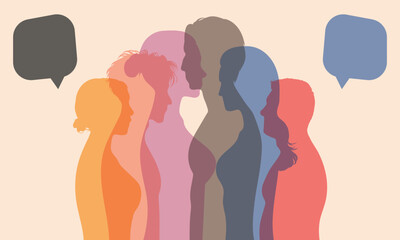 The concept of communication and social networking among a group of diverse people. Coloured clouds. Speech bubbles with multi-ethnic people.