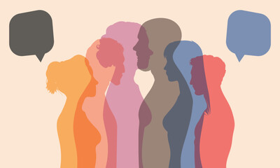 Talking dialogue among multicultural and multiethnic people. Vector character talking dialogue. Diversity people inform each other.