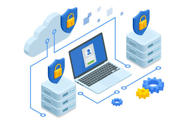 Isometric Modern Cloud Technology and Networking, Big Data Flow Processing Concept. Cloud Service, Cloud Storage Web Cloud Technology Business.