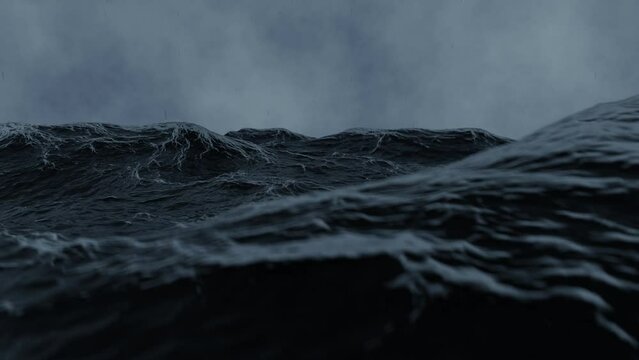 Video simulation of the view from inside a storm in the middle of the sea, with a dark ocean due to the weather and with white foams, with a scene on top of the water and with a dive and with rain