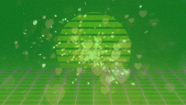 Animation of grid and falling hearts and sun over green background