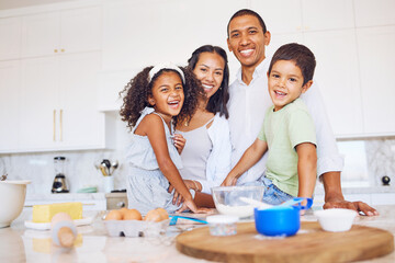 Obraz na płótnie Canvas Baking, family bonding and happy in the kitchen for learning development and relationship growth. Black people spend quality time together, ingredients to bake and smile while cooking at home.