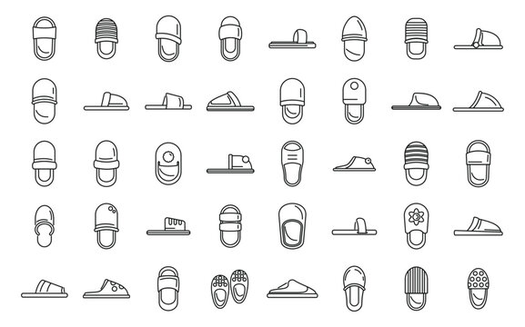 Home slippers icons set outline vector. Boot accessory. Clothing comfort