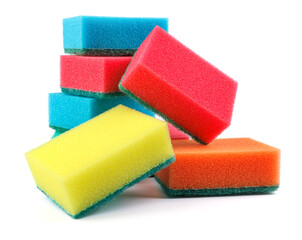 Several multi-colored sponges isolated on a white background. Sponge for washing dishes .