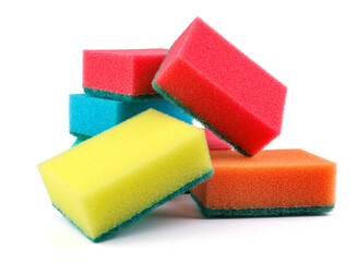 Several multi-colored sponges isolated on a white background. Sponge for washing dishes .