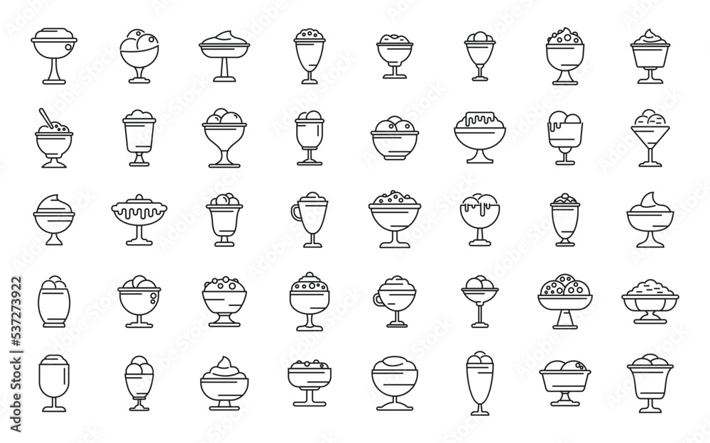 Poster gelato bowl icons set outline vector. ice cream. conce cup