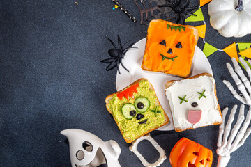 Kids food, party or breakfast Halloween idea. Simple healthy sandwiches recipe from toast bread,...