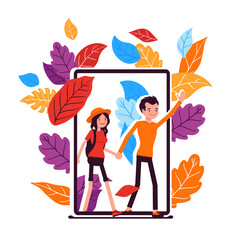 Young happy couple walking trough screen. Virtual travel, explore new world via tablet, family blogger, adventure learning, online social interaction. Vector creative vibrant botanical illustration