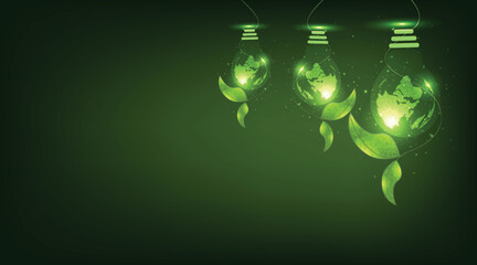 Environmentally friendly planet.The green world map is on a light bulb that represents green energy,Design for an eco friendly background.
