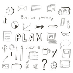 Business planning set vector illustration, hand drawing
