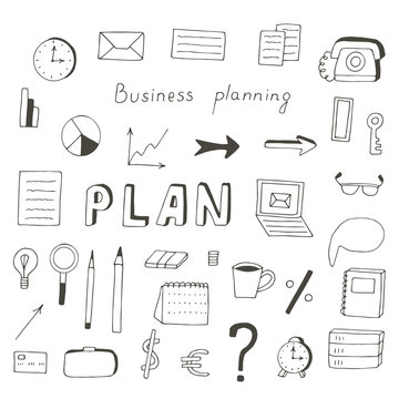 Business planning set vector illustration, hand drawing