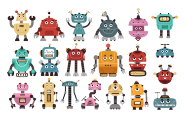 Zelfklevend Fotobehang Robot Cute robots set. Colorful vector illustration, hand drawing. flat style, colorful vector for kids. baby design for cards, poster decoration, t-shirt print