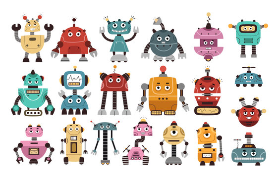 Cute robots set. Colorful vector illustration, hand drawing. flat style, colorful vector for kids. baby design for cards, poster decoration, t-shirt print
