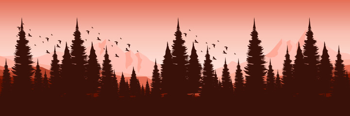 sunset mountain with pine tree silhouette flat design vector banner template good for web banner, ads banner, tourism banner, wallpaper, background template, and adventure design backdrop