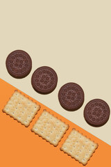 Cookie on multi-colored background. Festive, children's background. Flat lay. Sweet cookies flat lay pattern. Top view.